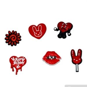 6 red Bad Bunny, croc charms